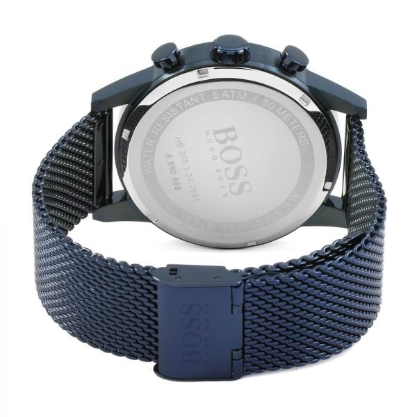 Montre homme Hugo Boss Navigator 44 mm réf. 1513538, cadran bleu, bracelet maille milanaise – autre angle