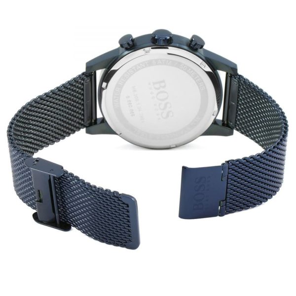 Montre homme Hugo Boss Navigator 44 mm réf. 1513538, cadran bleu, bracelet maille milanaise – vue rapprochée