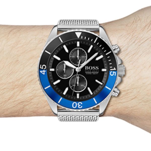 Montre homme Hugo Boss Ocean Edition réf. 1513742, mouvement quartz, boîtier 46 mm, acier inoxydable – vue principale, Horlova Maroc