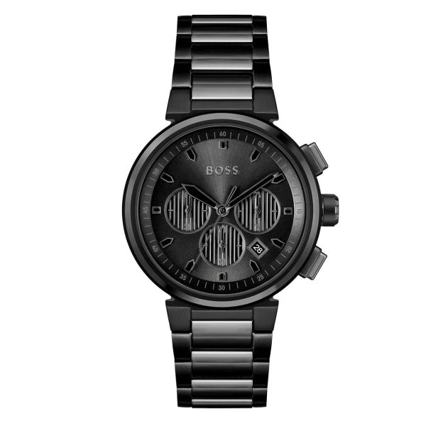 Montre homme Hugo Boss ONE 44 mm réf. 1514001, cadran noir, mouvement quartz chronographe – vue de face | Horlova Maroc