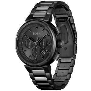 Montre homme Hugo Boss ONE 44 mm réf. 1514001, cadran noir, mouvement quartz chronographe – vue de trois-quarts