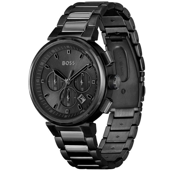 Montre homme Hugo Boss ONE 44 mm réf. 1514001, cadran noir, mouvement quartz chronographe – vue de trois-quarts