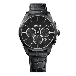 Montre homme Hugo Boss Onyx 46 mm réf. 1513367, cadran noir, bracelet cuir, mouvement quartz chronographe – vue de face | Horlova Maroc
