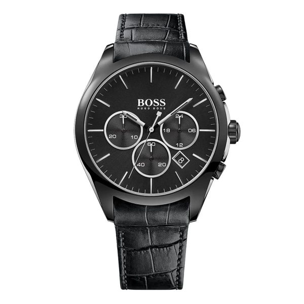 Montre homme Hugo Boss Onyx 46 mm réf. 1513367, cadran noir, bracelet cuir, mouvement quartz chronographe – vue de face | Horlova Maroc