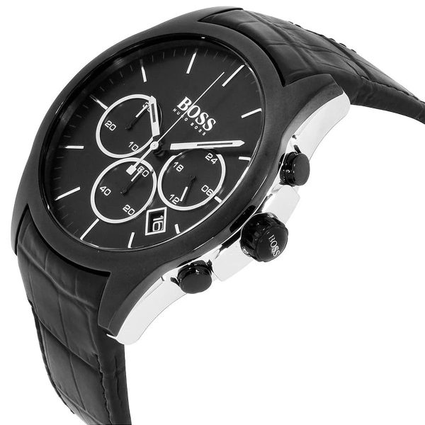 Montre homme Hugo Boss Onyx 46 mm réf. 1513367, cadran noir, bracelet cuir – vue de trois-quarts