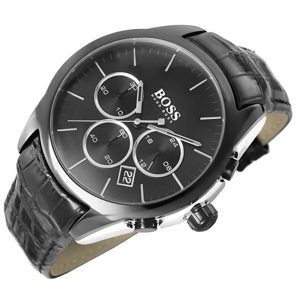 Montre homme Hugo Boss Onyx 46 mm réf. 1513367, cadran noir, bracelet cuir, mouvement quartz chronographe – autre angle