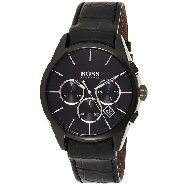 Montre homme Hugo Boss Onyx 46 mm réf. 1513367, cadran noir, bracelet cuir – vue rapprochée