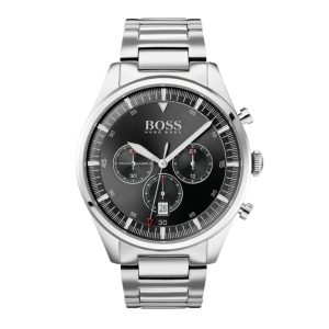 Montre homme Hugo Boss Pioneer 44 mm réf. 1513712, cadran argenté, bracelet acier – vue de face | Horlova Maroc