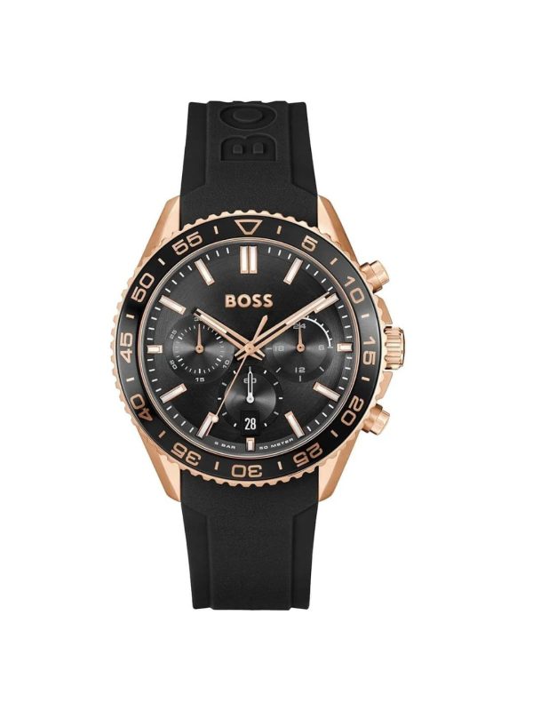 Montre homme Hugo Boss Runner 43 mm réf. 1514168, cadran noir, bracelet silicone – vue de face | Horlova Maroc