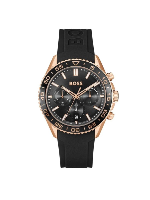 Montre homme Hugo Boss Runner 43 mm réf. 1514168, cadran noir, bracelet silicone – vue rapprochée