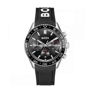 Montre homme Hugo Boss Runner 44 mm réf. 1514141, cadran noir, bracelet caoutchouc – vue de face | Horlova Maroc