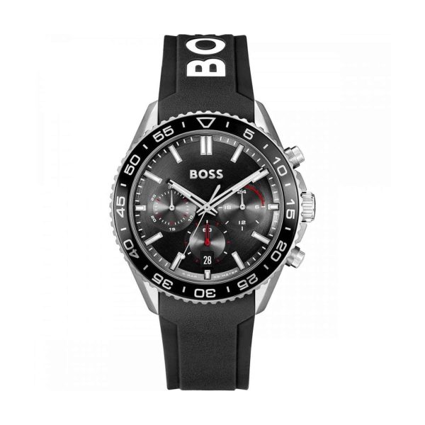 Montre homme Hugo Boss Runner 44 mm réf. 1514141, cadran noir, bracelet caoutchouc – vue de face | Horlova Maroc