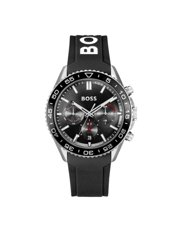 Montre homme Hugo Boss Runner 44 mm réf. 1514141, cadran noir, bracelet caoutchouc – vue rapprochée