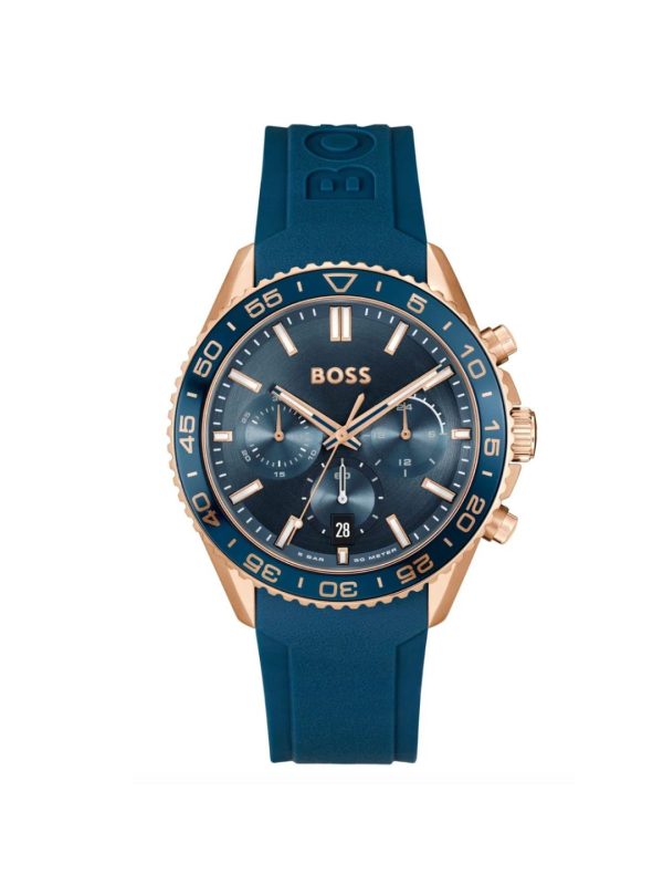 Montre homme Hugo Boss Runner 44 mm réf. 1514169, cadran bleu, bracelet silicone – vue de face | Horlova Maroc