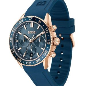 Montre homme Hugo Boss Runner 44 mm réf. 1514169, cadran bleu, bracelet silicone – vue de trois-quarts