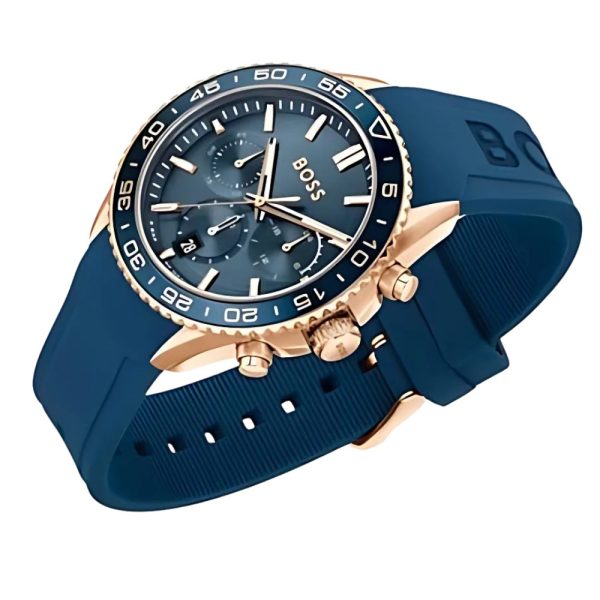 Montre homme Hugo Boss Runner 44 mm réf. 1514169, cadran bleu, bracelet silicone – autre angle
