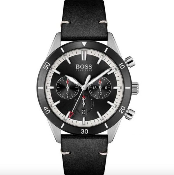 Montre homme Hugo Boss Santiago 44 mm réf. 1513864, bracelet cuir, mouvement quartz chronographe – vue de face | Horlova Maroc
