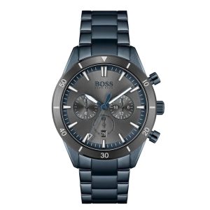 Montre homme Hugo Boss Santiago 44 mm réf. 1513865, cadran gris, bracelet acier, mouvement quartz chronographe – vue de face | Horlova Maroc
