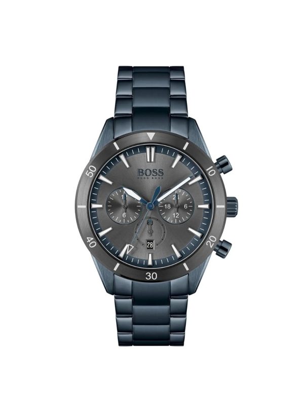 Montre homme Hugo Boss Santiago 44 mm réf. 1513865, cadran gris, bracelet acier, mouvement quartz chronographe – vue de face | Horlova Maroc