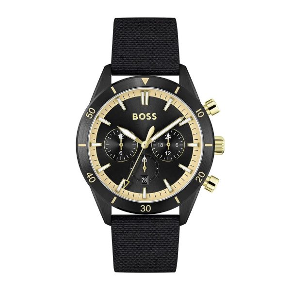 Montre homme Hugo Boss Santiago 44 mm réf. 1513935, cadran noir, mouvement quartz – vue de face | Horlova Maroc