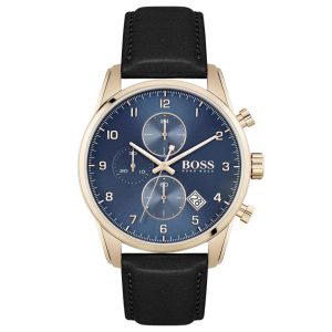 Montre homme Hugo Boss Skymaster 44 mm réf. 1513783, cadran bleu, bracelet cuir, mouvement quartz chronographe – vue de face | Horlova Maroc
