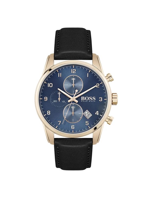 Montre homme Hugo Boss Skymaster 44 mm réf. 1513783, cadran bleu, bracelet cuir, mouvement quartz chronographe – vue de face | Horlova Maroc