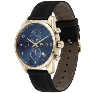 Montre homme Hugo Boss Skymaster 44 mm réf. 1513783, cadran bleu, bracelet cuir – vue de trois-quarts