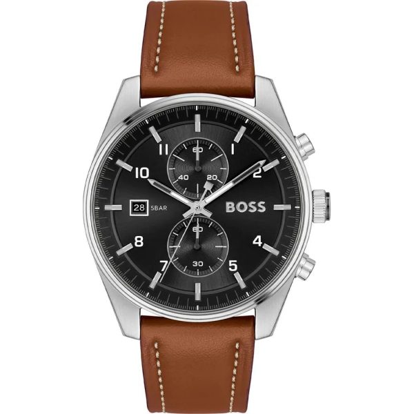 Montre homme Hugo Boss Skytraveller réf. 1514161, chronographe quartz, boîtier 44 mm, cuir, verre minéral – vue principale, Horlova Maroc