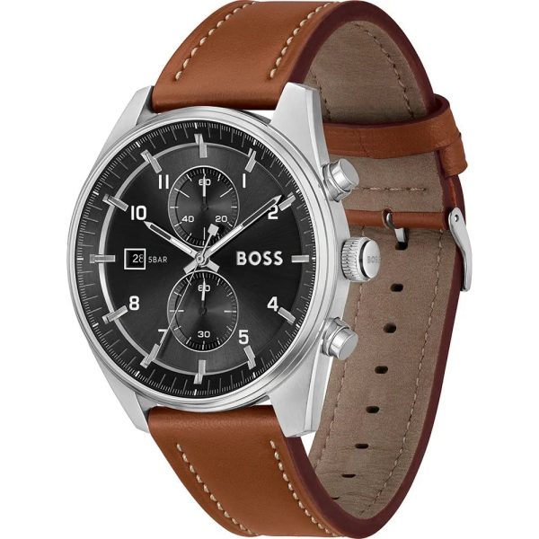 Montre homme Hugo Boss Skytraveller réf. 1514161, chronographe quartz, boîtier 44 mm, cuir, verre minéral, étanche 50 m – deuxième vue