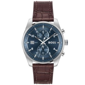 Montre homme Hugo Boss Skytraveller 44 mm réf. 1514194, cadran bleu, bracelet cuir – vue de face | Horlova Maroc