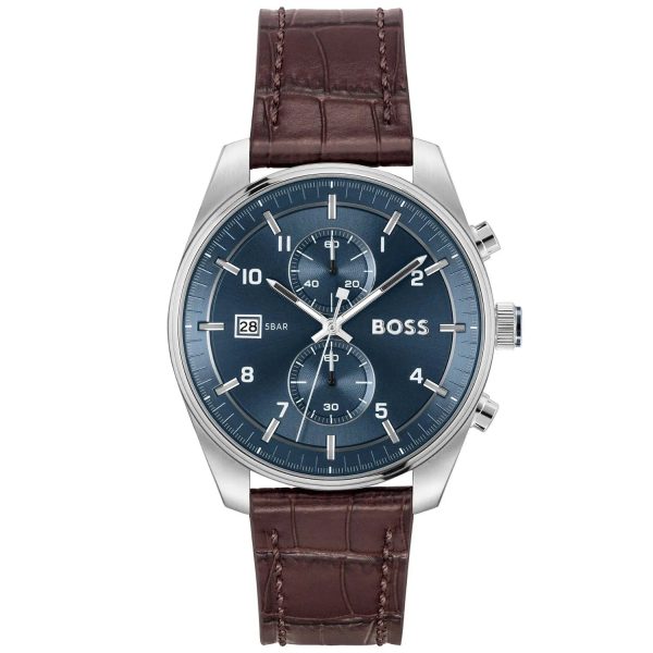 Montre homme Hugo Boss Skytraveller 44 mm réf. 1514194, cadran bleu, bracelet cuir – vue de face | Horlova Maroc