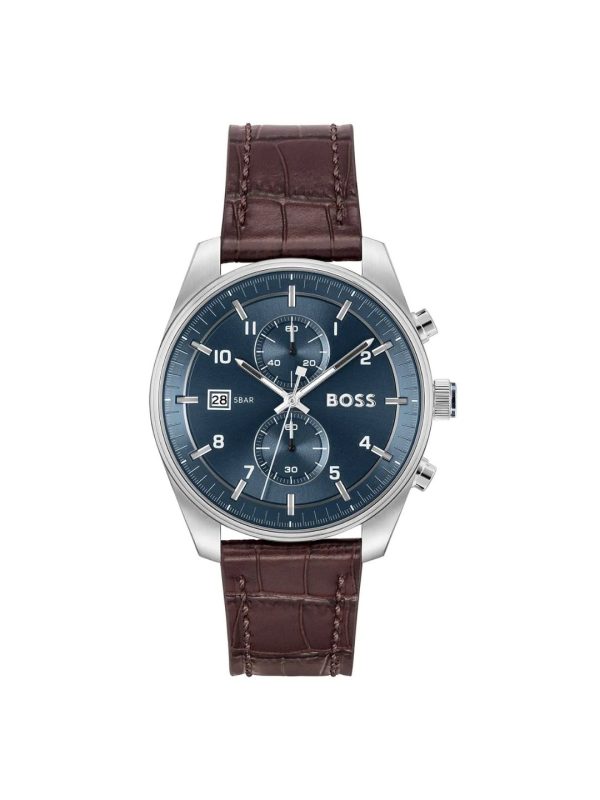 Montre homme Hugo Boss Skytraveller 44 mm réf. 1514194, cadran bleu, bracelet cuir – vue rapprochée