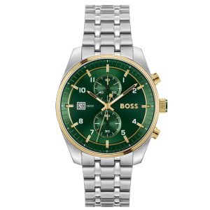 Montre homme Hugo Boss Sport Lux Chronographe 44 mm réf. 1514195, cadran vert, bracelet acier – vue de face | Horlova Maroc