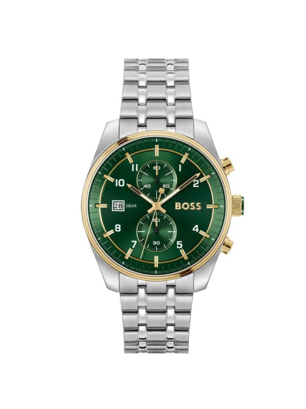 Montre homme Hugo Boss Sport Lux Chronographe 44 mm réf. 1514195, cadran vert, bracelet acier – vue de face | Horlova Maroc