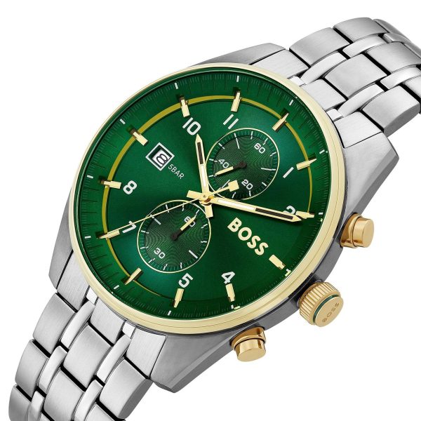 Montre homme Hugo Boss Sport Lux Chronographe 44 mm réf. 1514195, cadran vert, bracelet acier – détail du cadran