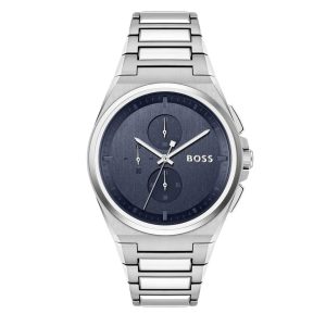 Montre homme Hugo Boss Steer 45.8 mm réf. 1514048, cadran bleu, bracelet acier, mouvement quartz chronographe – vue de face | Horlova Maroc
