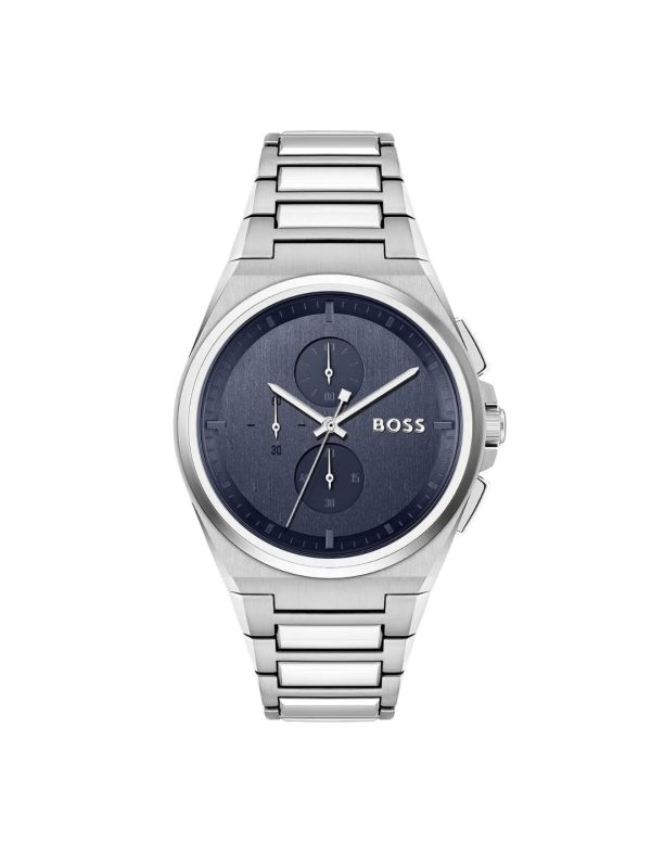 Montre homme Hugo Boss Steer 45.8 mm réf. 1514048, cadran bleu, bracelet acier, mouvement quartz chronographe – vue de face | Horlova Maroc