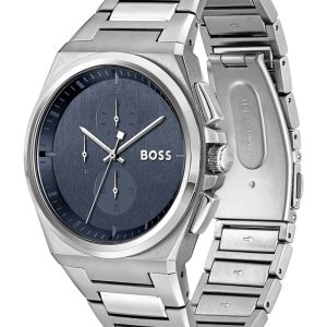 Montre homme Hugo Boss Steer 45.8 mm réf. 1514048, cadran bleu, bracelet acier – vue de trois-quarts