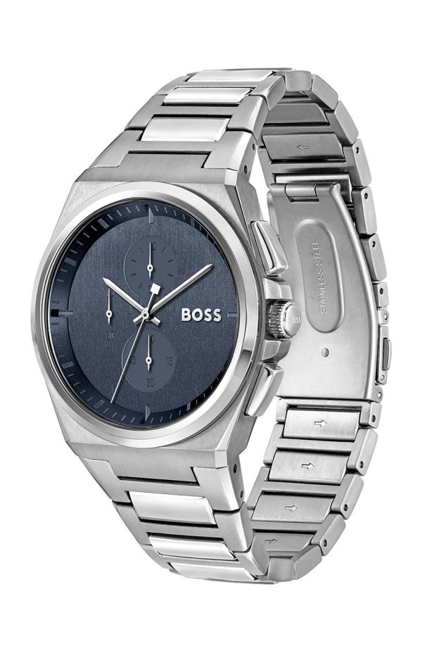 Montre homme Hugo Boss Steer 45.8 mm réf. 1514048, cadran bleu, bracelet acier – vue de trois-quarts
