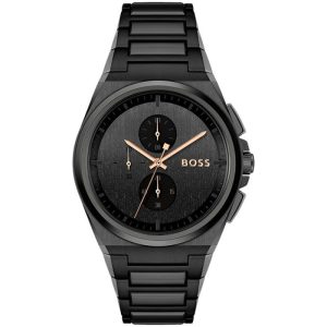 Montre homme Hugo Boss Steer Chrono 44 mm réf. 1514068, cadran noir, bracelet acier – vue de face | Horlova Maroc
