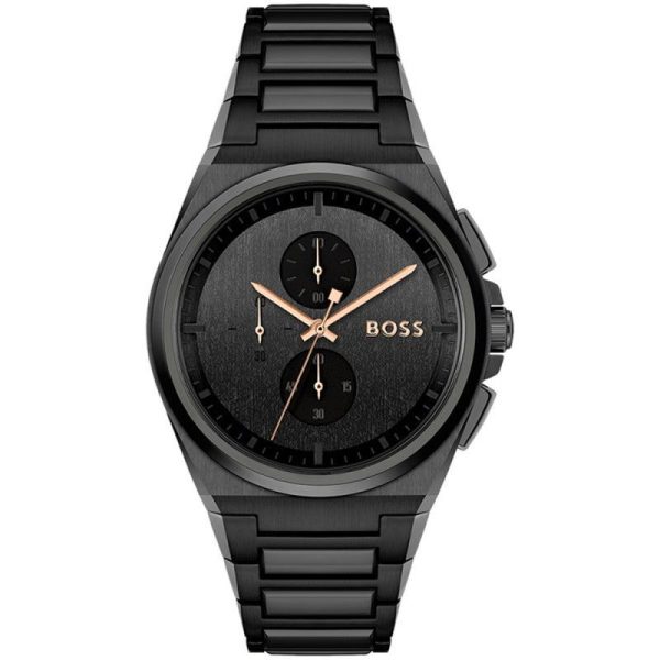 Montre homme Hugo Boss Steer Chrono 44 mm réf. 1514068, cadran noir, bracelet acier – vue de face | Horlova Maroc