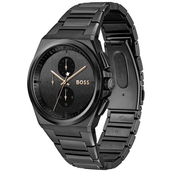 Montre homme Hugo Boss Steer Chrono 44 mm réf. 1514068, cadran noir, bracelet acier – vue de trois-quarts