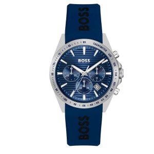 Montre homme Hugo Boss Strike 41 mm réf. 1514239, cadran bleu, bracelet silicone – vue de face | Horlova Maroc