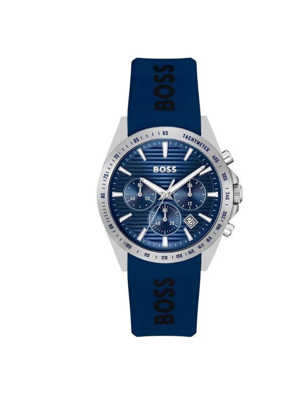 Montre homme Hugo Boss Strike 41 mm réf. 1514239, cadran bleu, bracelet silicone – vue de face | Horlova Maroc