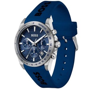 Montre homme Hugo Boss Strike 41 mm réf. 1514239, cadran bleu, bracelet silicone – vue de trois-quarts