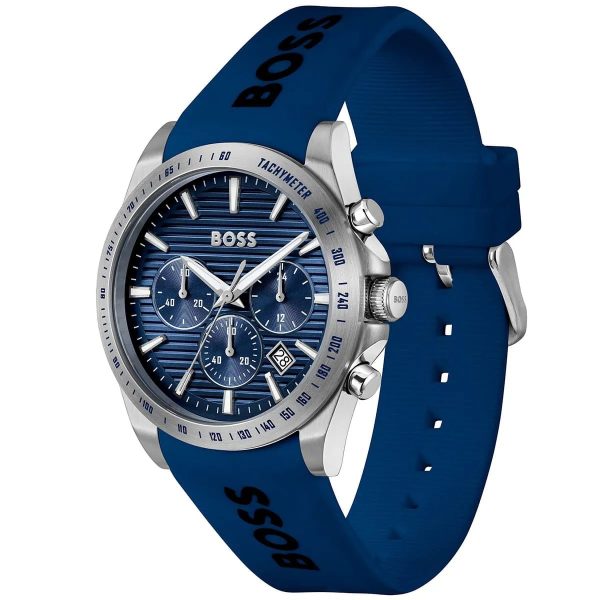Montre homme Hugo Boss Strike 41 mm réf. 1514239, cadran bleu, bracelet silicone – vue de trois-quarts