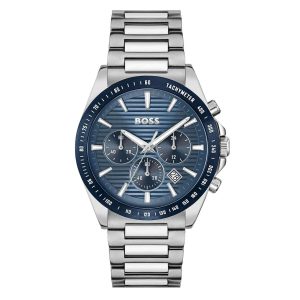 Montre homme Hugo Boss Strike 41 mm réf. 1514240, cadran bleu, mouvement quartz chronographe – vue de face | Horlova Maroc