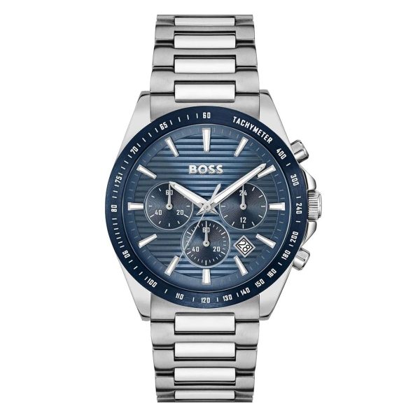 Montre homme Hugo Boss Strike 41 mm réf. 1514240, cadran bleu, mouvement quartz chronographe – vue de face | Horlova Maroc