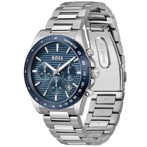 Montre homme Hugo Boss Strike 41 mm réf. 1514240, cadran bleu, mouvement quartz chronographe – vue de trois-quarts
