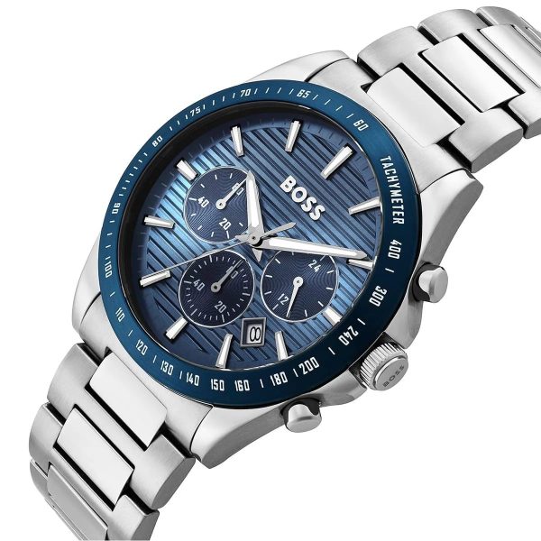 Montre homme Hugo Boss Strike 41 mm réf. 1514240, cadran bleu, mouvement quartz chronographe – autre angle
